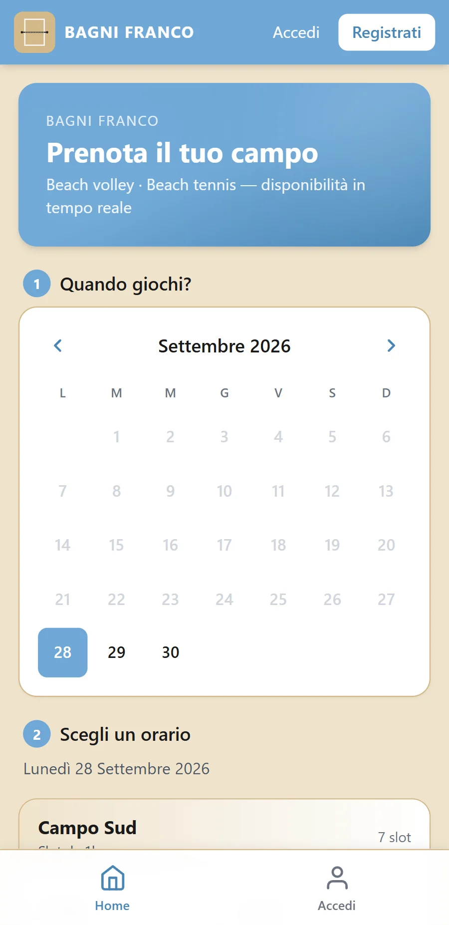 Prenota il tuo campo: il calendario