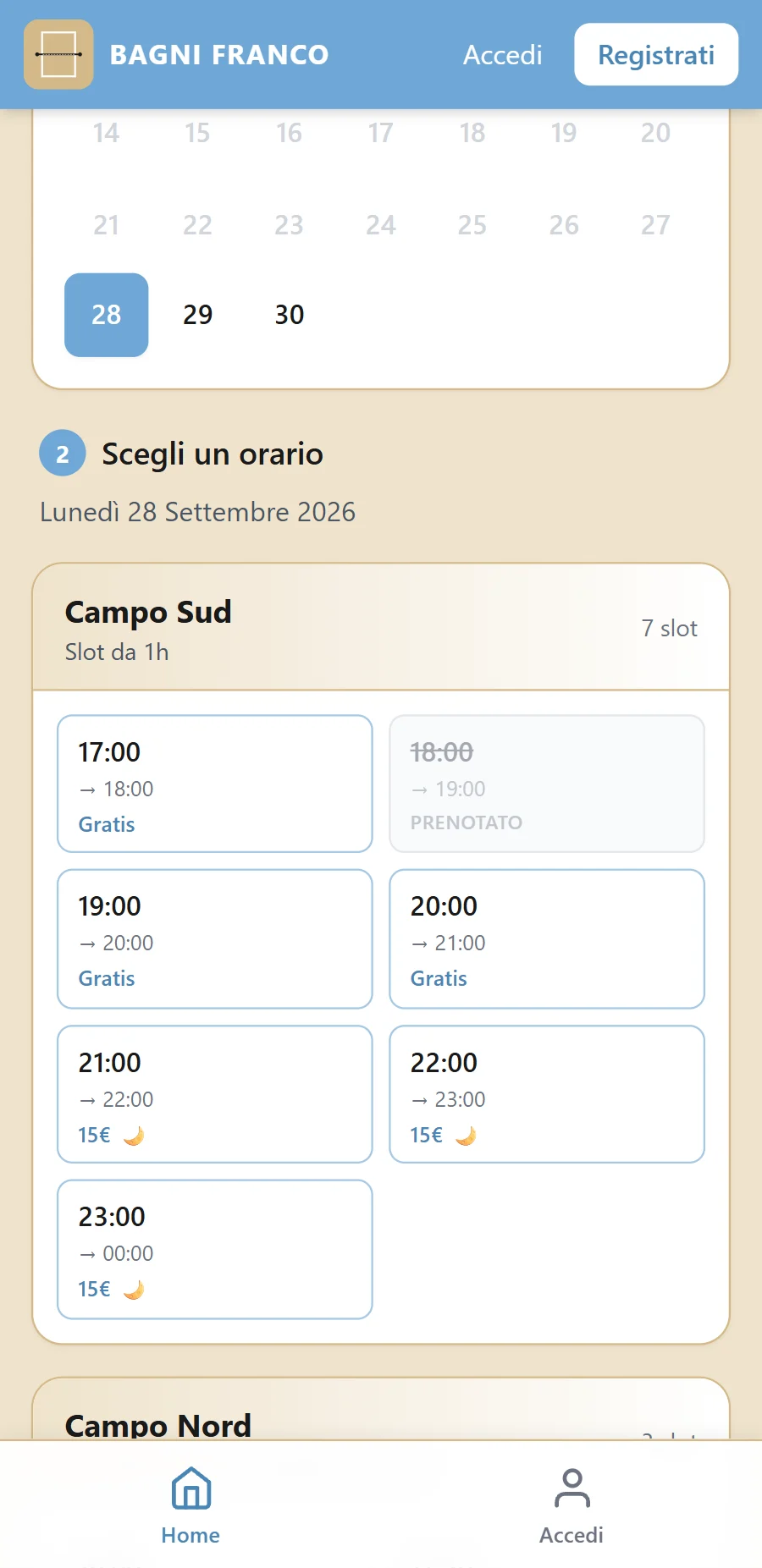 Gli orari liberi del giorno, campo per campo