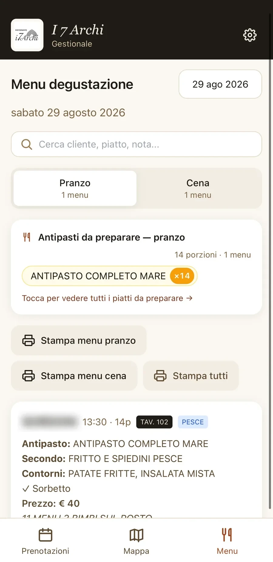 Il menu del giorno, per servizio
